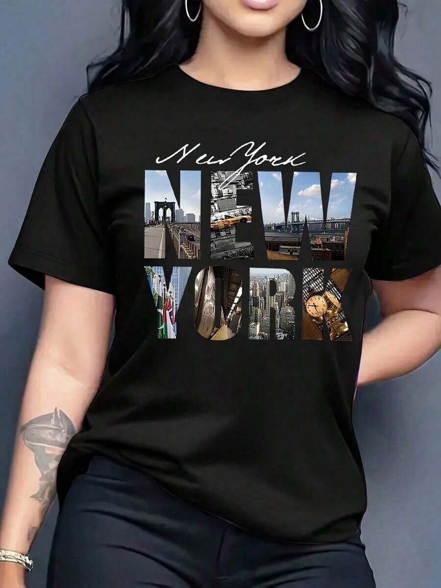 1 Piece Of "1976 New York" Letter Print T-Shirt, Breathable Summer Short Sleeve Round Neck T-Shirt, Women's Top, 180g 100% Cotton. - 1 - 查看 1