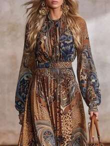REFRESH YOUR WARDROBE NOW! Women's Boho Dress, Balloon Sleeves, Full Skirt, Bohemian Print, Figure-Flattering, Best Seller, Perfect For Vacations, Parties, Summer Looks - 駝色 - 查看 2