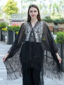 Plus Size Friendly Boho Cover Up, Lace Kimono, Floral Lace Batwing Sleeve Cover-Up, Open Front Tassel Trim Kimono, Lightweight Beach Cover Up - màu đen - Xem 5