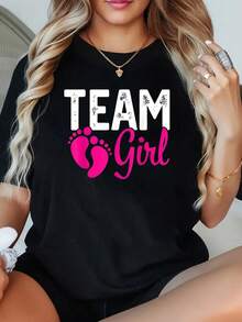 1 Camiseta de Revelación de Género "Equipo Rosa" para Mujer, Talla Grande, Camiseta Gráfica Oversize de Manga Corta 220g, Novedosa, 100% Poliéster, Cuello Redondo Casual - Negro - Ver 1