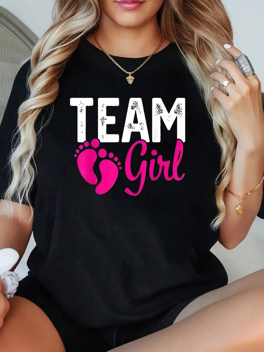 1 Camiseta de Revelación de Género "Equipo Rosa" para Mujer, Talla Grande, Camiseta Gráfica Oversize de Manga Corta 220g, Novedosa, 100% Poliéster, Cuello Redondo Casual - Negro - Ver 1