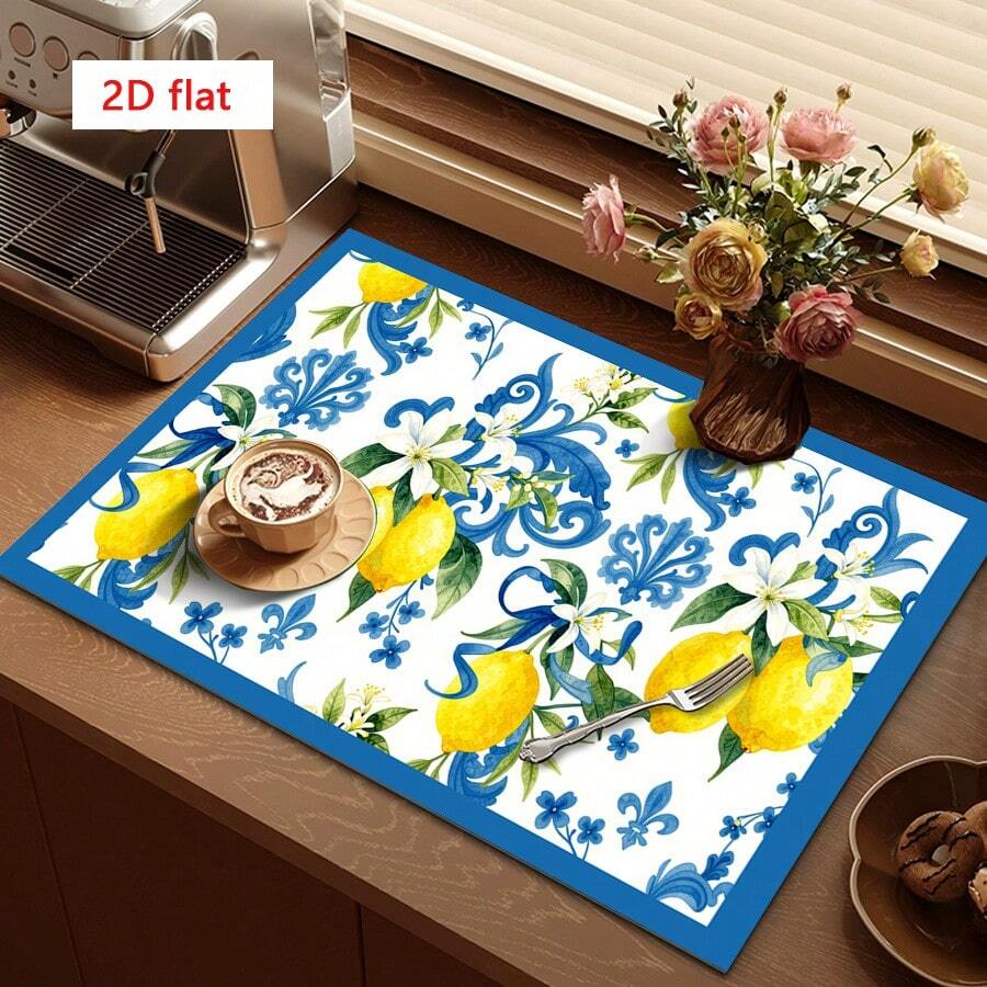1pc Dish Drying Mat, Coffee Machine Mat, Lemon Floral With Blue Vintage Pattern Print Polyester Fiber Absorbent Mat, Highly Absorbent, Durable, Suitable For Dining Table, Cafe And Other Scenes, Fresh And Elegant Design Fits Various Dining Spaces, Multi-Purpose Drainage Mat, Home Gift, Tabletop Decor