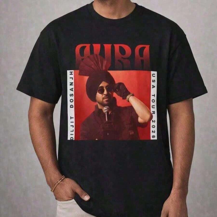 Aura Tour Graphic T-Shirt _ Red Vintage Poster Style Singer Portrait L Diljit Dosanjh USA Tour L Aura USA Tour L Punjabi - 黑色 - 查看 1