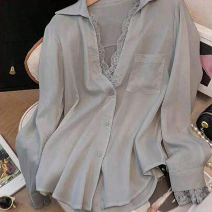 DZD Blusa blanca semitransparente elegante, de manga larga y cuello en V, decorada con delicado encaje de contraste, primavera - Gris - Ver 1