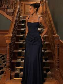 Elegant Sleeveless Long Party Dress For Women, Solid Color, European Style, New Fashion Wrap Dress - Navy Blue - View 4