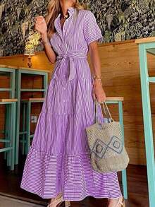 REFRESH YOUR WARDROBE NOW! New Women's Midi Dress, Elegant Striped Print, Short Sleeves, Flattering And Comfortable Loose Fit For Everyday Wear And The Office - 紫色 - 查看 3