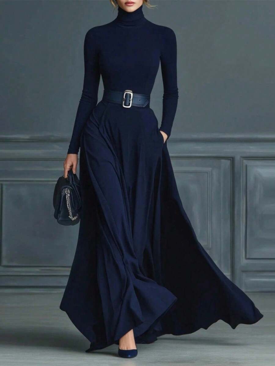 REFRESH YOUR WARDROBE NOW! Women's Autumn-Winter Dress, Long Sleeve, High Neck, Fitted Waist, Solid Color, Full Skirt, Sharp Effect, Elegant, Best Seller, Date - 白色 - 查看 1