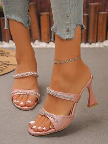 Teen Diamond Studded Double Strap High-Heeled Sandals With Exposed Toes For Breathability, Suitable For Wearing In Party/Daily Street Scenes. - Pink - View 5