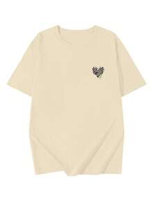 Kaos Wanita Kasual Leher Bulat Longgar dengan Motif Hati & Leopard dan Huruf, Serbaguna untuk Musim Semi/Panas - Aprikot - View 6