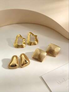 6pcs Large Exaggerated Geometric Gold Plated Stainless Steel Earrings, Hypoallergenic, Women's Fashion Earrings, Suitable For Daily Wear, Valentine's Day Birthday Gift - Gold - View 2