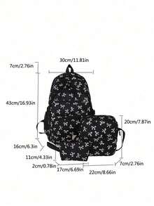 Set de 3 piezas de mochila con estampado de lazo de nylon, mochila plegable con múltiples bolsillos y gran capacidad con cremallera, adecuada para adolescentes y estudiantes de secundaria - Negro - Ver 6