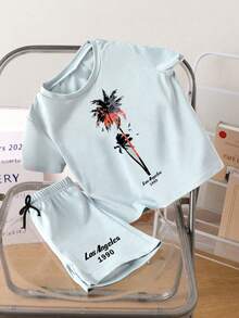Tween Boy Letter & Palm Tree Print Short Sleeve T-Shirt And Shorts Casual Set - Mint Green - View 2