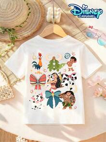 Disney Licensed Moana Princess Set Kids Cotton T-Shirt, Boys Girls, Birthday Party Photo Tee, Summer Casual Wear, Daily Vacation Outdoor, Kids Gift. - White - View 3