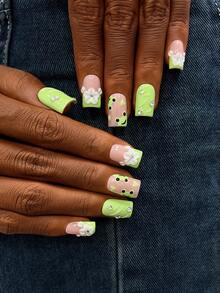 10pcs/Set Y2K Nails, Pink Nails Handmade, Green Nails, Green French Tip Nails, Handmade 3D Flowers And Green Frog Nails Art, Perfect For Parties & Daily Wear. Short Square Nails. Handmade Press On Nails Square, Fake Nails, Acrylic Nails, Cute Nails - Multicolor - View 4