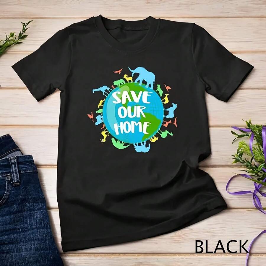 Unisex T-Shirt With Vintage Earth, Planet And Nature Print, For Men And Women, Casual Aesthetic Clothing With Harajuku Sleeves, Earth Day 2026 - 彩色 - 查看 1