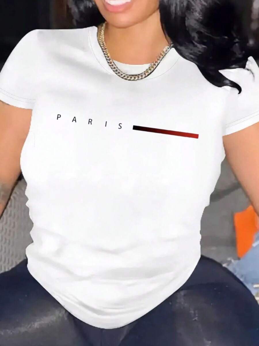 Camiseta de Mujer con Bandera de París, Cuello Redondo, Cómoda, de Mezcla de Algodón, Manga Corta, Suave y Transpirable, Ropa de Mujer, Camiseta de Verano y Primavera, Estilo Urbano, Tejido - negro - Ver 1