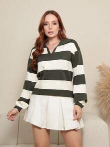 Women's Striped Modal Knit Polo Shirt With Long Sleeves - Army Green - View 2