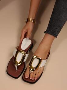 Women's Square Toe Toe-Clip Slippers With Exaggerated Oversized Metal Buckle - White - View 3