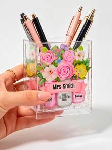 Custom Acrylic Pen Holder(Pen Not Included), Acrylic Makeup Brush Organiser Square Pen Container Office Gadgets Storage Box Desktop Study Supplies Brush Pot Holiday Decoration Storage Back To School, Teacher'S Day Gift - Multicolor - View 3