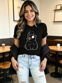 Modern T-Shirt With Eye-Catching Cartoon Animal Designs: A Uniquely Designed And Comfortable Women's Youth Garment, Available In Various Styles Including Rabbit, Dog, Hedgehog, Cat And Bear. - Hitam 1 - View 3