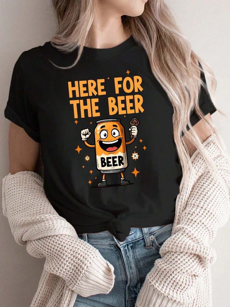 Fashionable Loose Fit Women's T-Shirt, Casual Sports T-Shirt For Women, Round Neck T-Shirt, HERE FOR THE BEER, Youthful, Party Wear - 黑色 - 查看 1