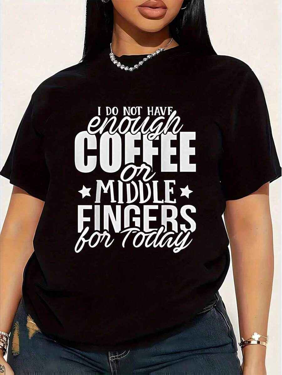 I Didn't Drink Enough Coffee Today. Plus Size Women's 1-Piece T-Shirt. Funny Short-Sleeve Oversized Graphic Print Tee. Novelty Tee. 100% Cotton. Casual Tee. - 黑色 - 查看 1