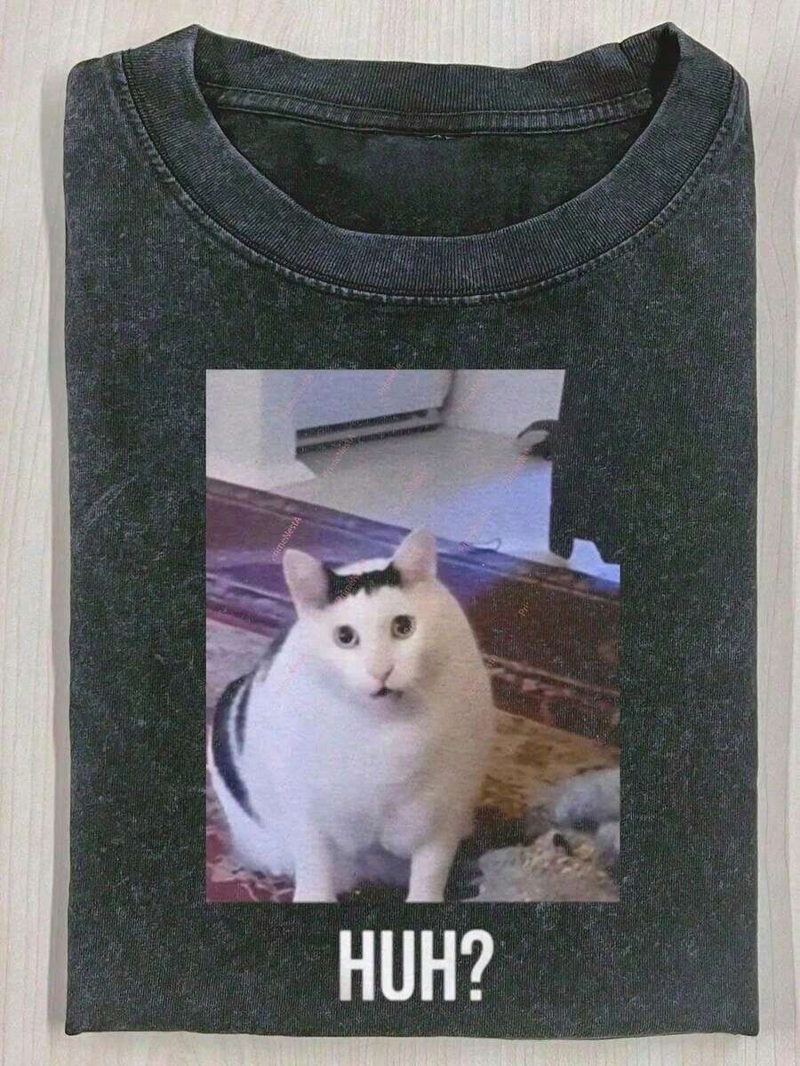 Men's And Women's 100% Cotton 1 Piece Of Funny Graphic T-Shirt With Cat Design, Men's Cotton T-Shirt, 230g, Washed Short Sleeve T-Shirt, Suitable For Halloween Gifts - 黑14 - 查看 1