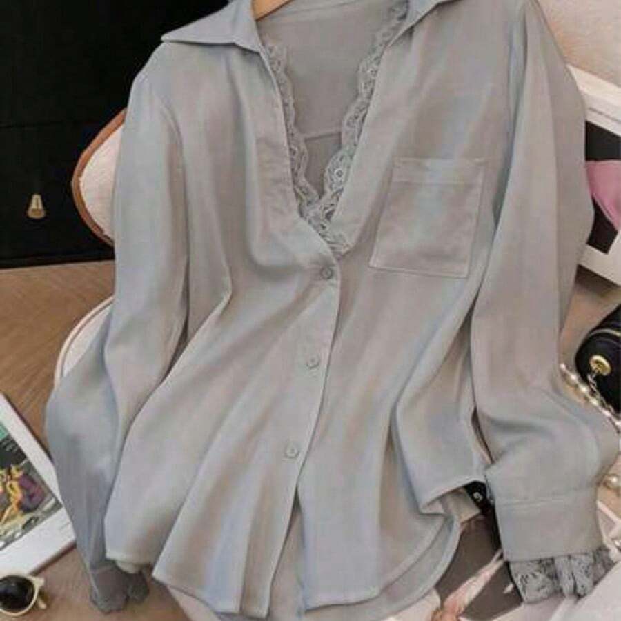 Blusa blanca semitransparente elegante, de manga larga y cuello en V, decorada con delicado encaje de contraste, primavera - Gris - Ver 1