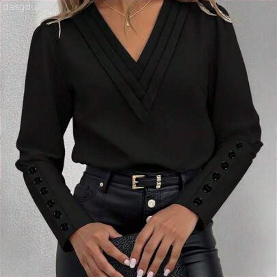 DZD Blusa de mujer con cuello en V, manga farol y parches - Negro01 - View 1