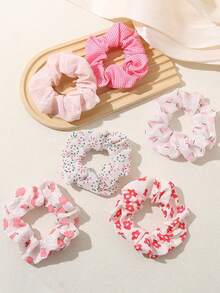 6pcs Sweet & Cute Pink Hair Scrunchies Set, Suitable For Everyday Wear, Vacation & Outings - Multicolor - View 5