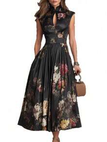 ¡RENUEVA TU ARMARIO YA!Vestido Largo Negro para Mujer, Sin Mangas, Estampado Digital de Flores, con Flores 3D, Ajustado, Estilo Elegante y Sexy, Más Vendido, Perfecto para Fiestas, Cenas, - Negro - Ver 5