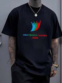 Figura de tres siluetas celebrando la unión deportiva entre Estados Unidos México y Canadá simbolizando la pasión mundial por el fútbol en 2026 Camiseta de hombre 100% algodón suave y cómoda - Negro - Ver 1