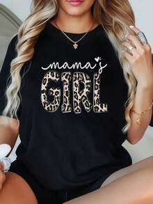1 Pieza Camiseta de Talla Grande para Mujer MAMA'S Girl, Camiseta Gráfica Oversize de Manga Corta 220g, Novedosa, 100% Poliéster, Cuello Redondo Casual - Negro - Ver 1