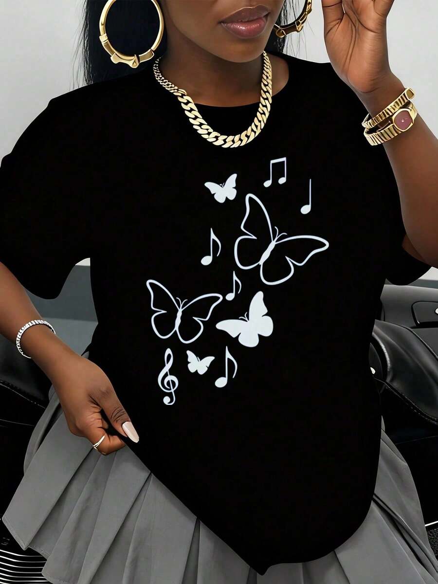 Camiseta Blanca con Estampado de Mariposa y Nota Musical para Mujer, Top Casual de Manga Corta, Camiseta Gráfica de Moda para Uso Diario, Atuendo de Verano, Estilo Urbano, Regalo para Amante - Negro - Ver 1