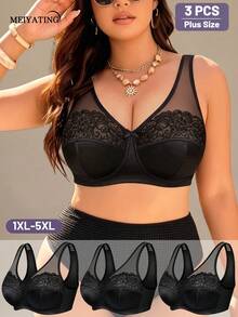 MEIYATING 3pcs Women's Plus Size Mesh Patchwork Lightweight Floral Lace Push-Up Support U-Shaped Back Bow Tank Style Bra Black - Black - View 5
