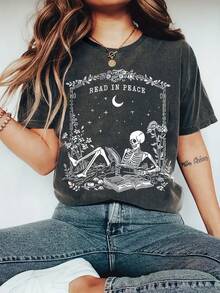 Camiseta de Talla con Estampado de Letras, Manga Corta y Cuello Redondo, Ropa Casual de Verano y Primavera, Ropa Oversize para Mujer XRYB - Negro - Ver 1