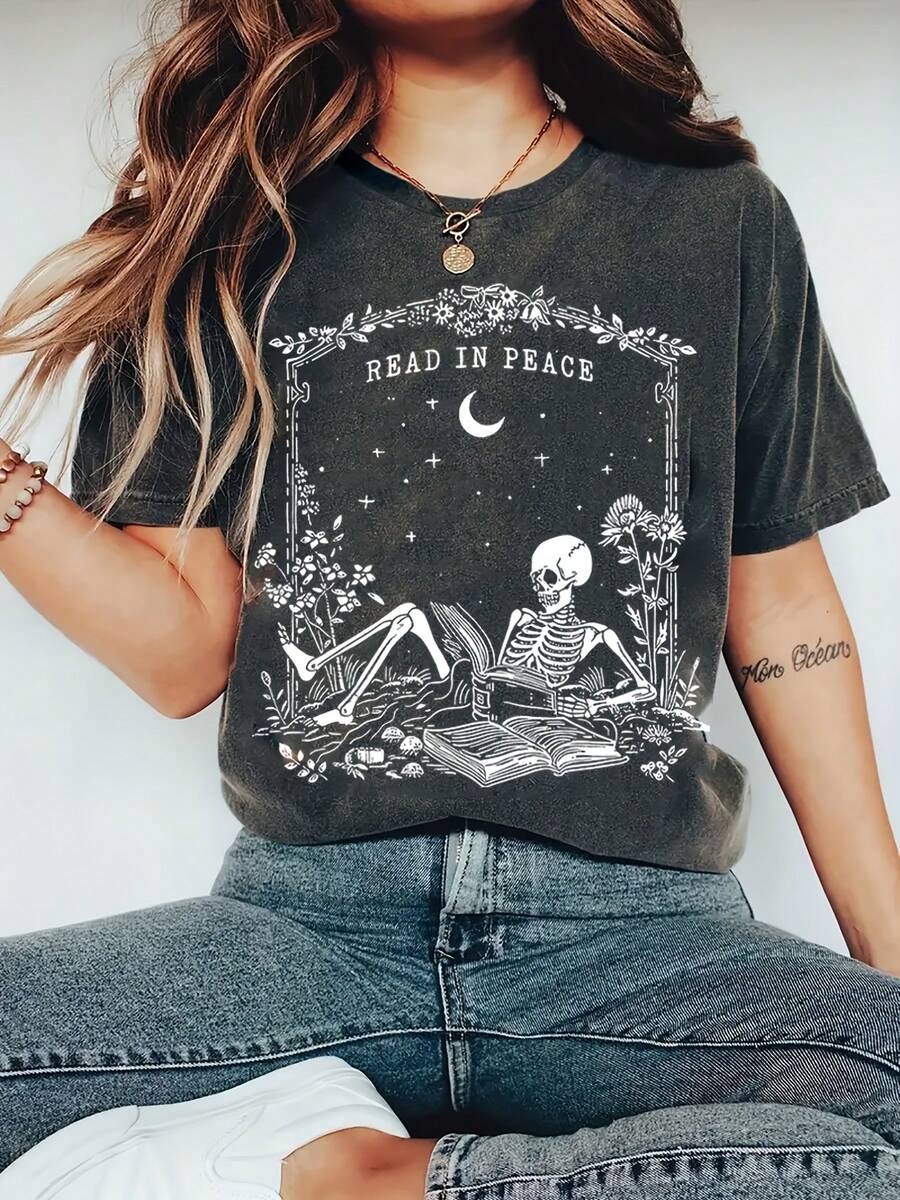 Camiseta de Talla con Estampado de Letras, Manga Corta y Cuello Redondo, Ropa Casual de Verano y Primavera, Ropa Oversize para Mujer XRYB - Negro - Ver 1