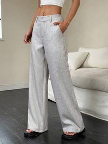 1 pieza Pantalones de Mujer Casuales, para Uso Diario, al Aire Libre, para Viajes, a Cuadros, de Cintura Baja, Corte Relajado, Pierna Recta, Gris, Estilo Retro de Otoño para Mujer - Gris 3 - Ver 1