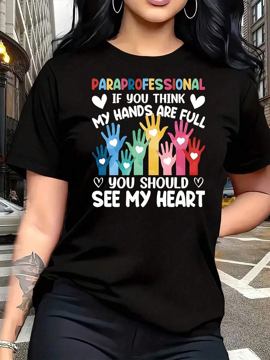 Beor Teacher - Women's Plus Size T-Shirt, 1 Piece, Fun, Graphic Print, Short Sleeve, Novelty, 100% Cotton, Crew Neck, Casual, 220g - 黑色 - 查看 1