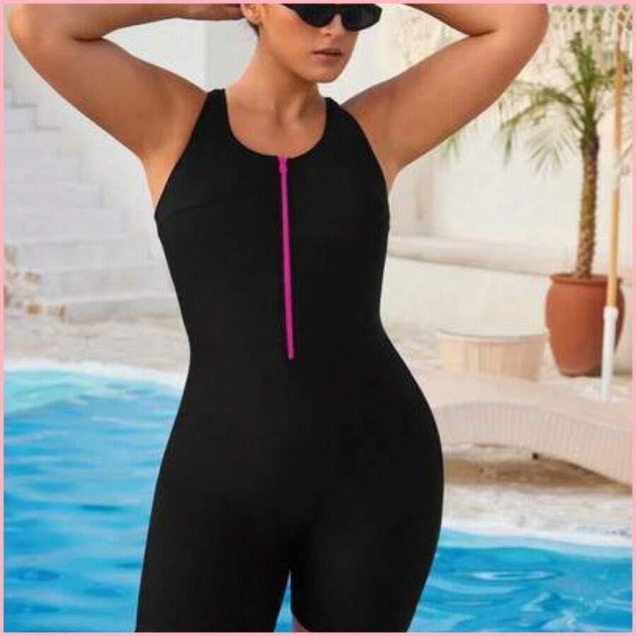 Swim SPRTY Traje de baño entero unicolor con espalda descubierta para mujer talla grande, para el verano - Rosa Fucsia - Ver 1