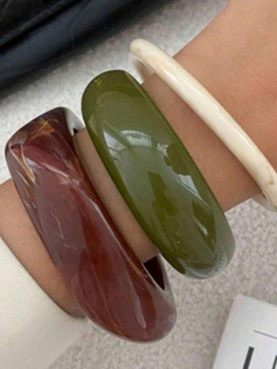 3pcs Set Vintage Resin Amber Texture Acrylic Bangle Bracelets, Fashionable Stackable Design, Suitable For Women's Daily Wear - Multicolor - View 1