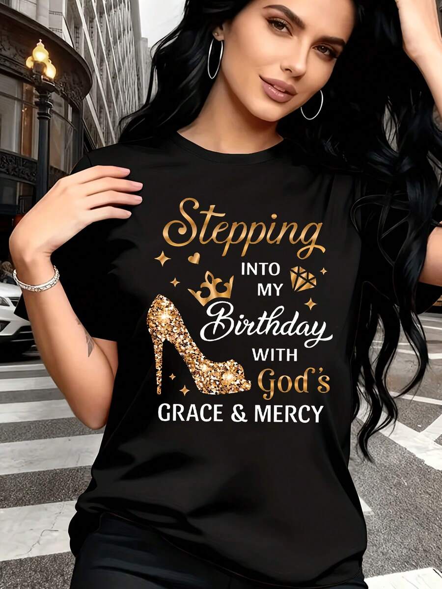 Birthday High Heels Print T-Shirt, Casual Short Sleeve Round Neck Top For Spring And Summer, Women's Clothing - Black - View 1