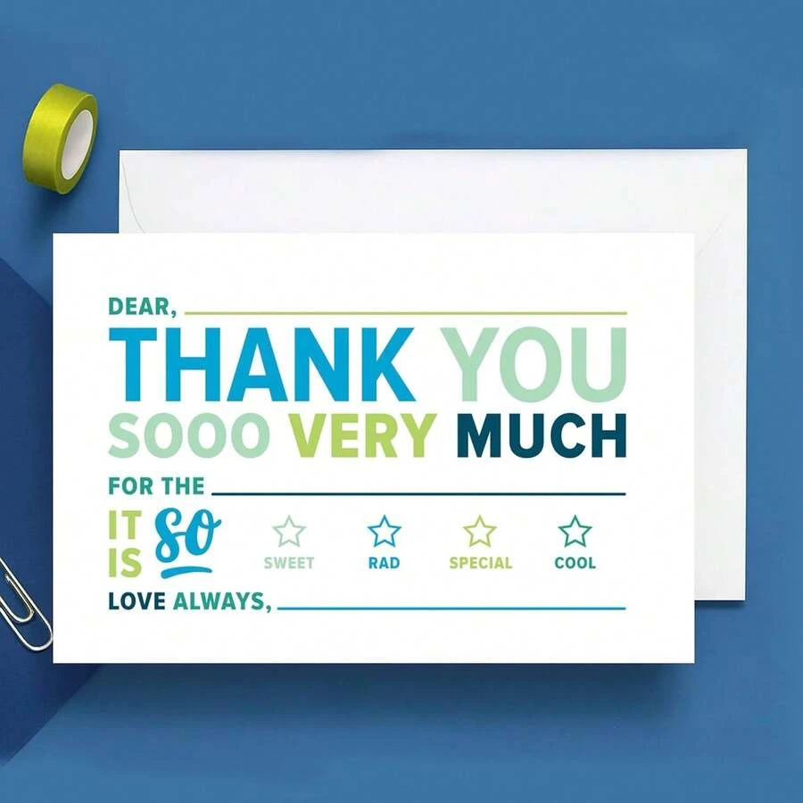 ThreeKin Collective Kids Fill-In-The-Blank Thank You Cards With White Envelopes, Double-Sided Postcards | Fun & Colorful Design For Birthday, Holiday And Other Occasions - Blue - View 1