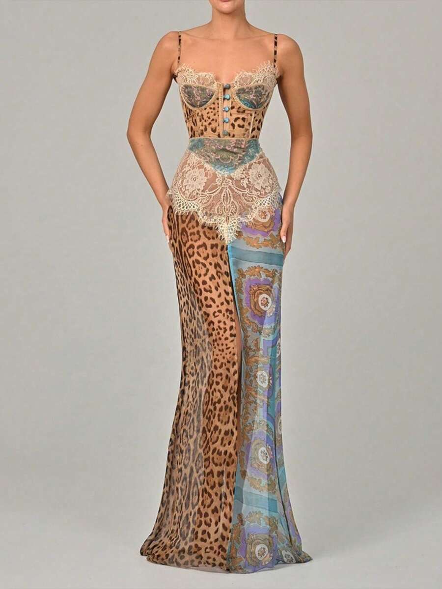 Vestido largo gasa tirantes sin hombros con abertura estilo chica sexy verano - Azul - Ver 1