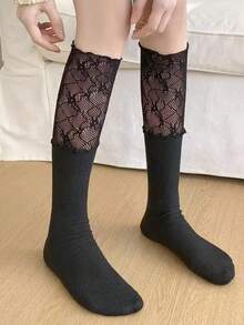1 Pair White Lace Breathable Calf Socks, Random Delivery - White - View 7