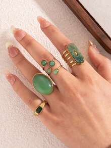 5Pcs/Set Vintage Green Gemstone Gold Plated Stackable Rings, Boho Stainless Steel Statement Jewelry For Women - Yellow Gold - View 1