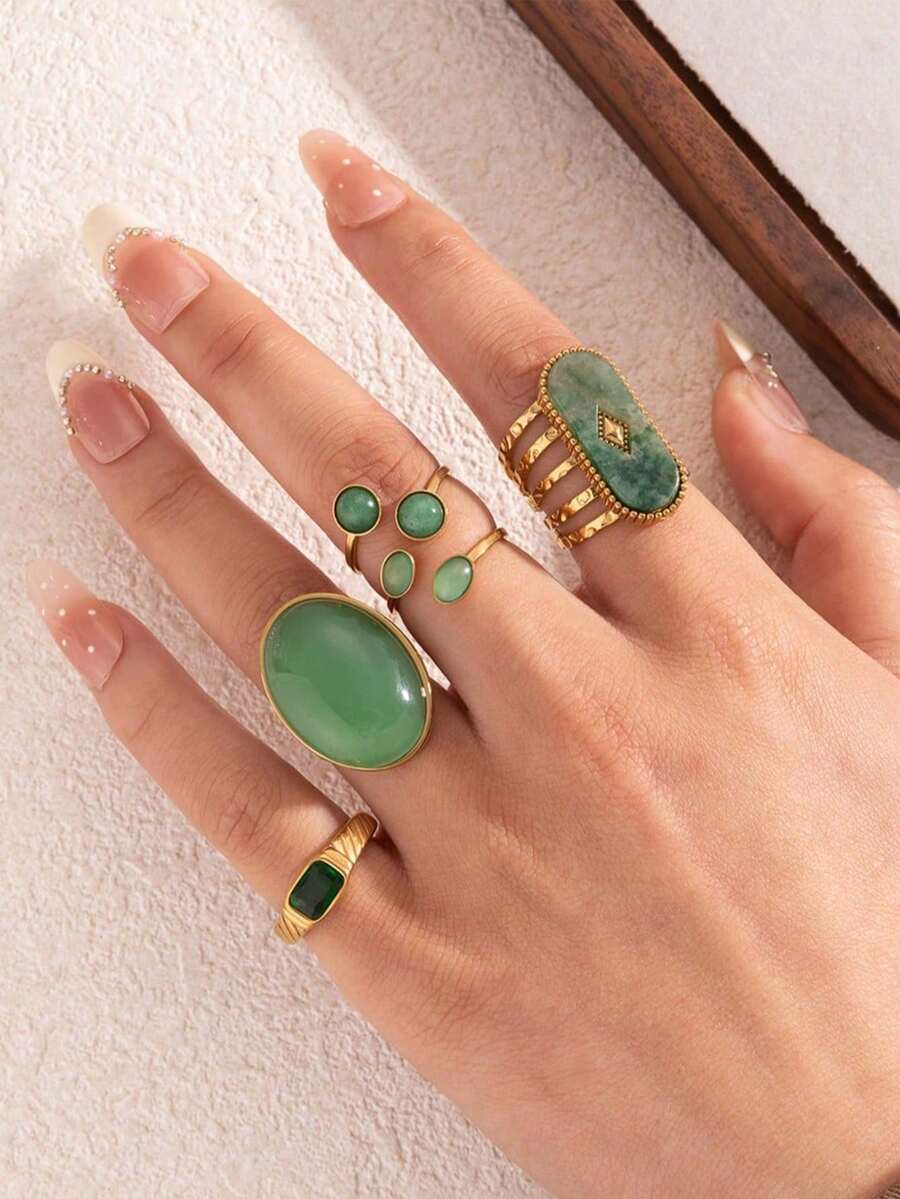 5Pcs/Set Vintage Green Gemstone Gold Plated Stackable Rings, Boho Stainless Steel Statement Jewelry For Women - Yellow Gold - View 1
