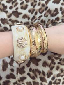 3pcs Bohemian Gradient Resin Multilayer Shell & Faux Pearl Bracelet/Bangle Set, Suitable For Women To Wear In Daily, Vacation, Casual Gathering, Party, Jewelry Gifts, Color Random - Multicolor - View 4