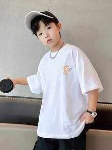 [Camiseta infantil de verano] Camiseta de algodón puro para niños, manga corta, cuello redondo, transpirable, verano, bebé, niña, niño - Negro - Ver 2