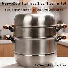 3-Tier Heavy-Duty Stainless Steel Steamer Pot With Glass Lid-Large-Capacity Multi-Use Steamer For Dumplings, Seafood & Vegetables, Wooden Cool-Touch Handles, Induction & Gas Compatible, Premium Kitchen Cookware - View 2